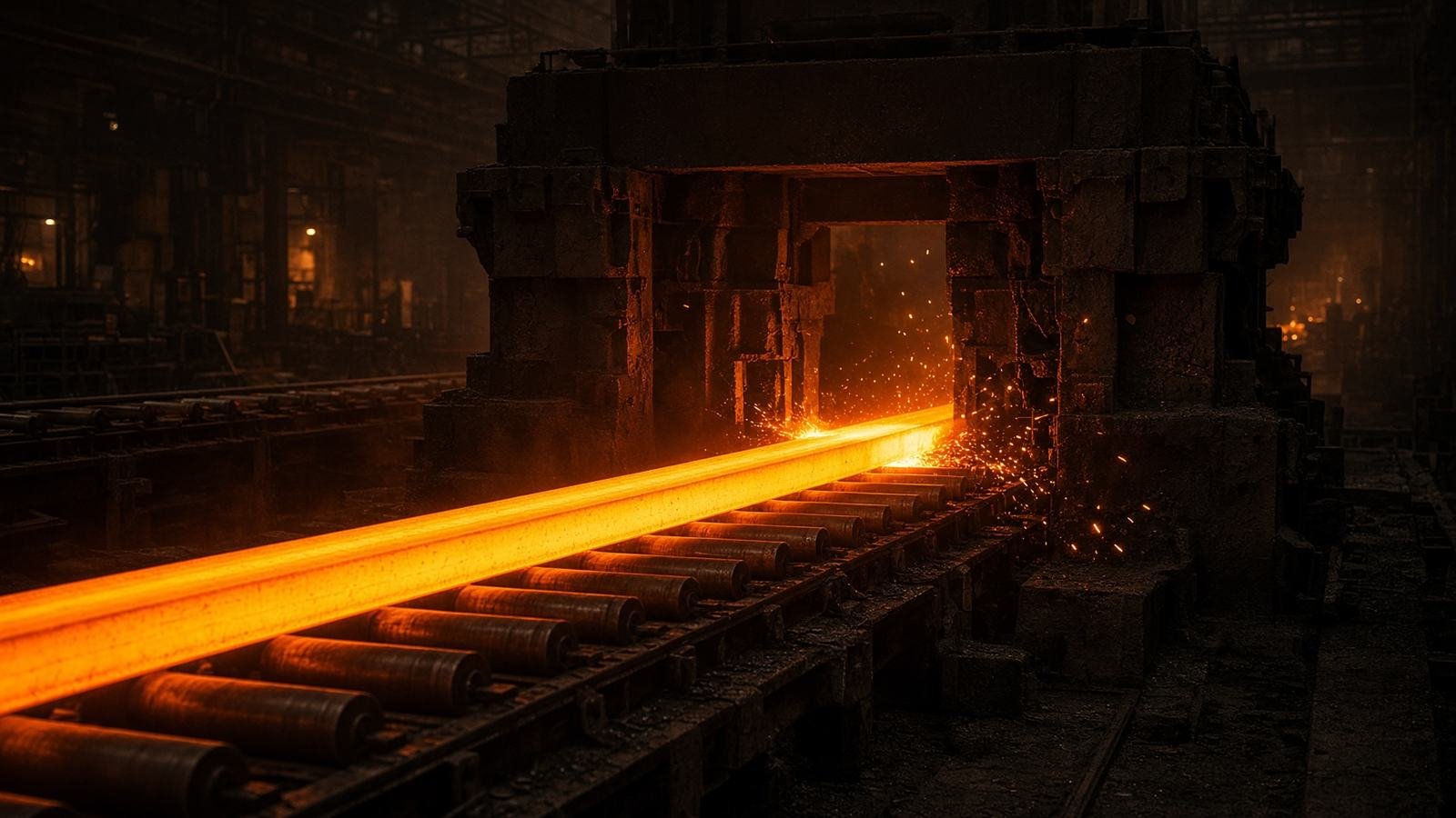 Hot steel travelling on a rolling mill line
